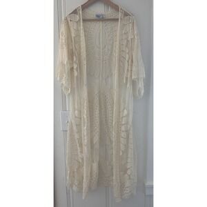 Boho Lace‎ Kimono Duster Cream Sheer Embroidered Festival Beach Cover Up Small